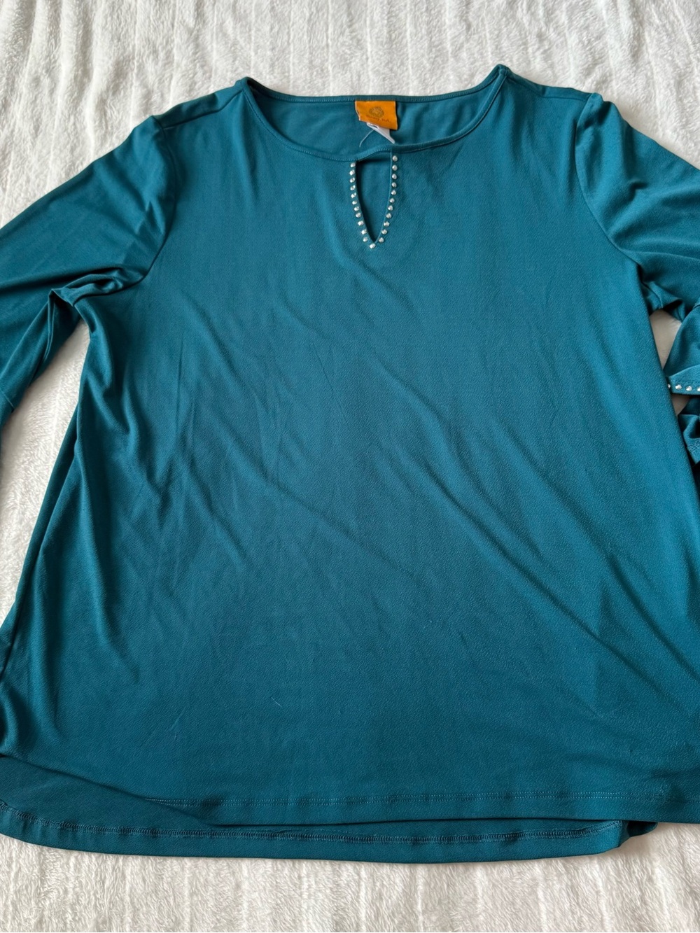 Ruby Rd. Teal Long Sleeve Keyhole Top with Stud Trim